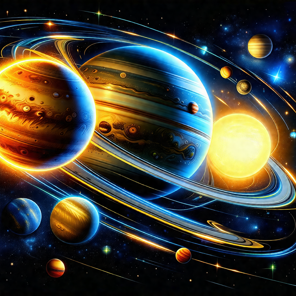Colorful and detailed illustration of a solar system, fea...