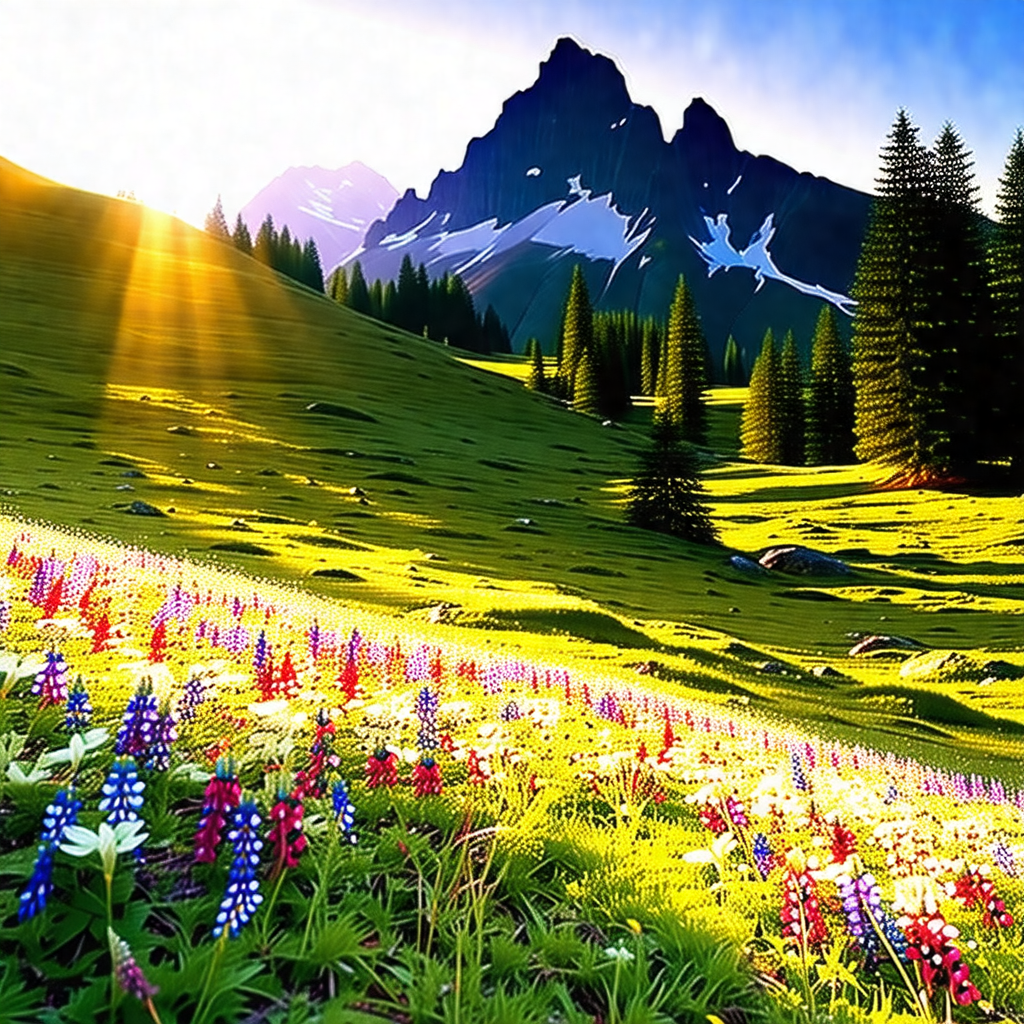 Beautiful, lush green field with a mountain range in the ...