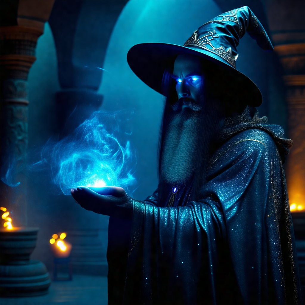 Man dressed in a wizard's outfit, holding a blue crystal ...