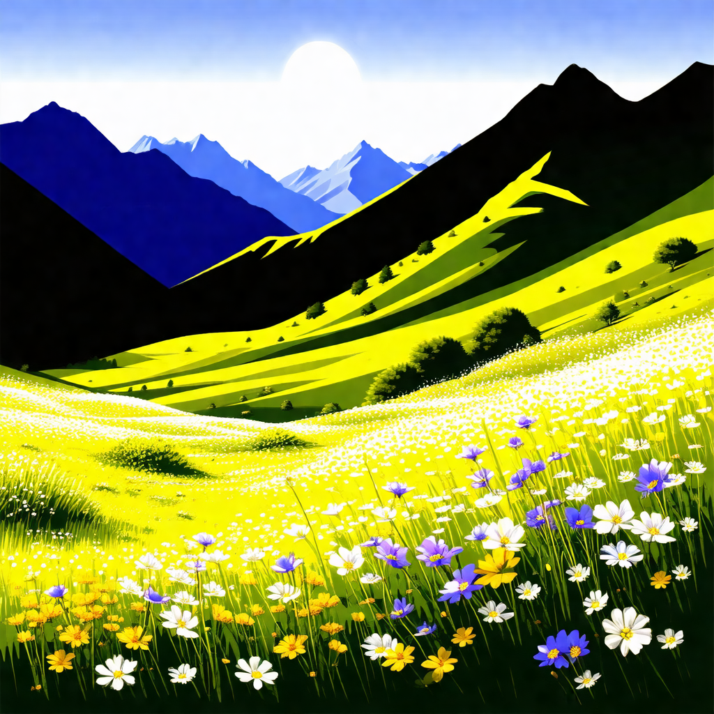 Beautiful mountain landscape with a lush green field and ...