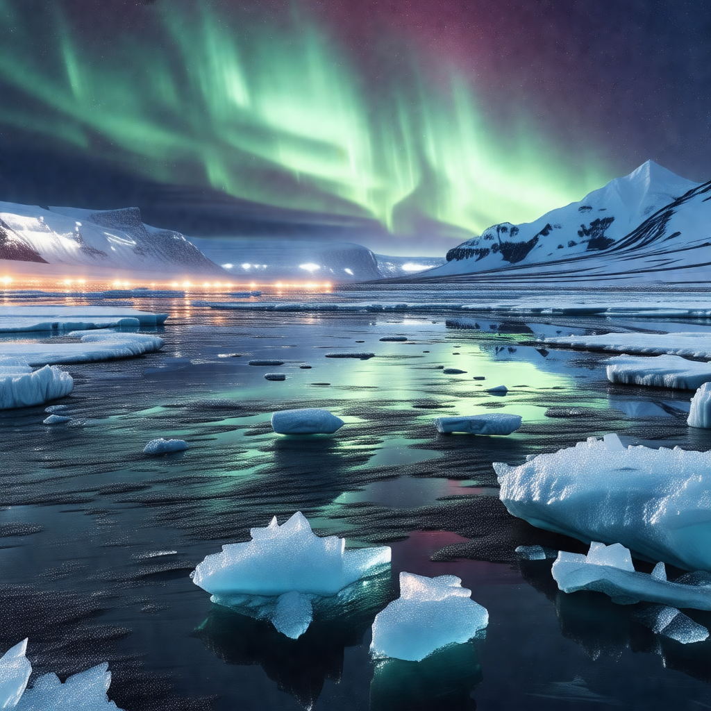 Beautiful nighttime scene with a frozen lake surrounded b...