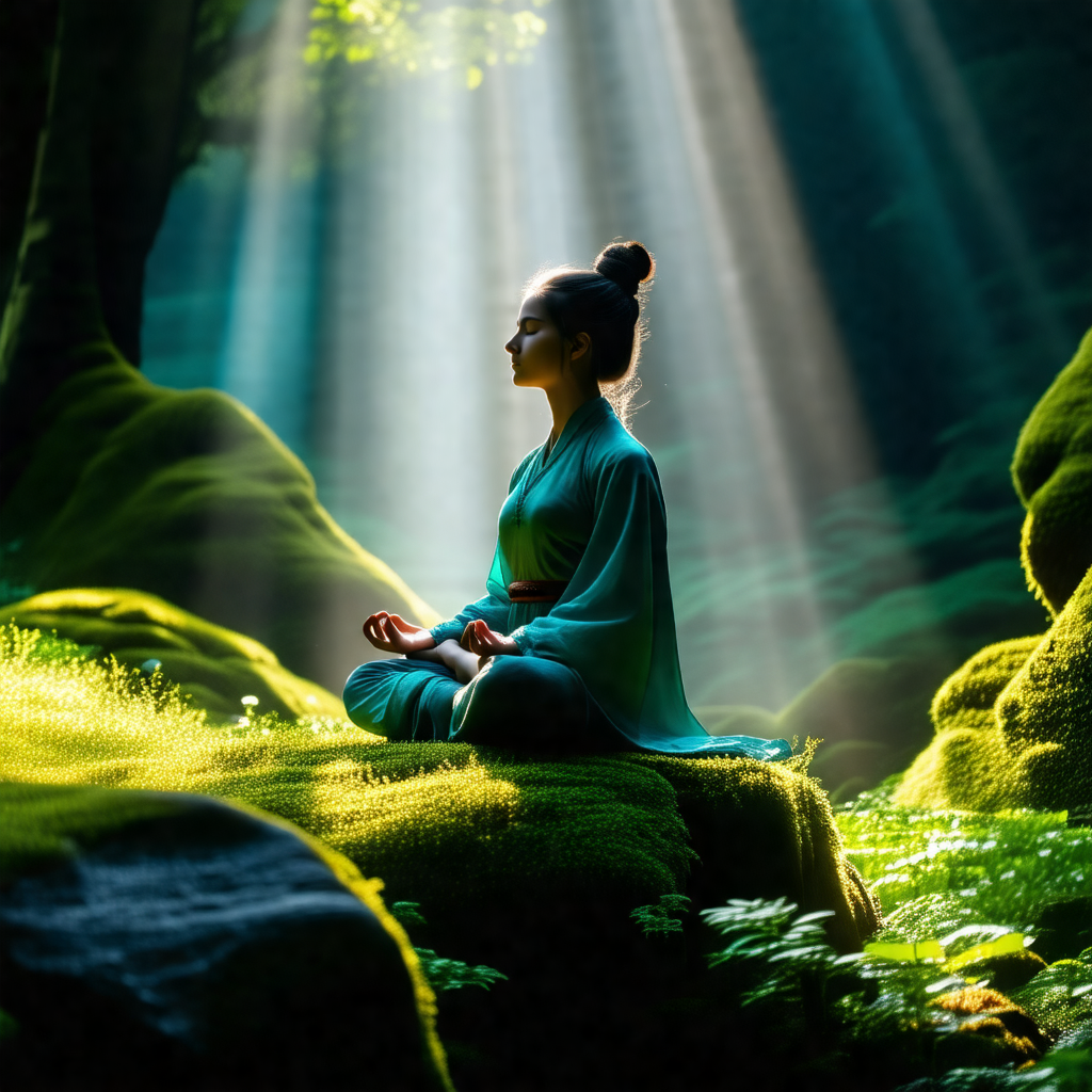 Woman sitting on a rock in a forest, surrounded by greenery