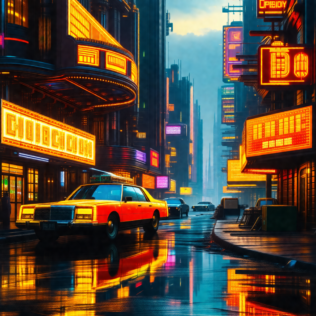 Colorful, animated depiction of a city street at night