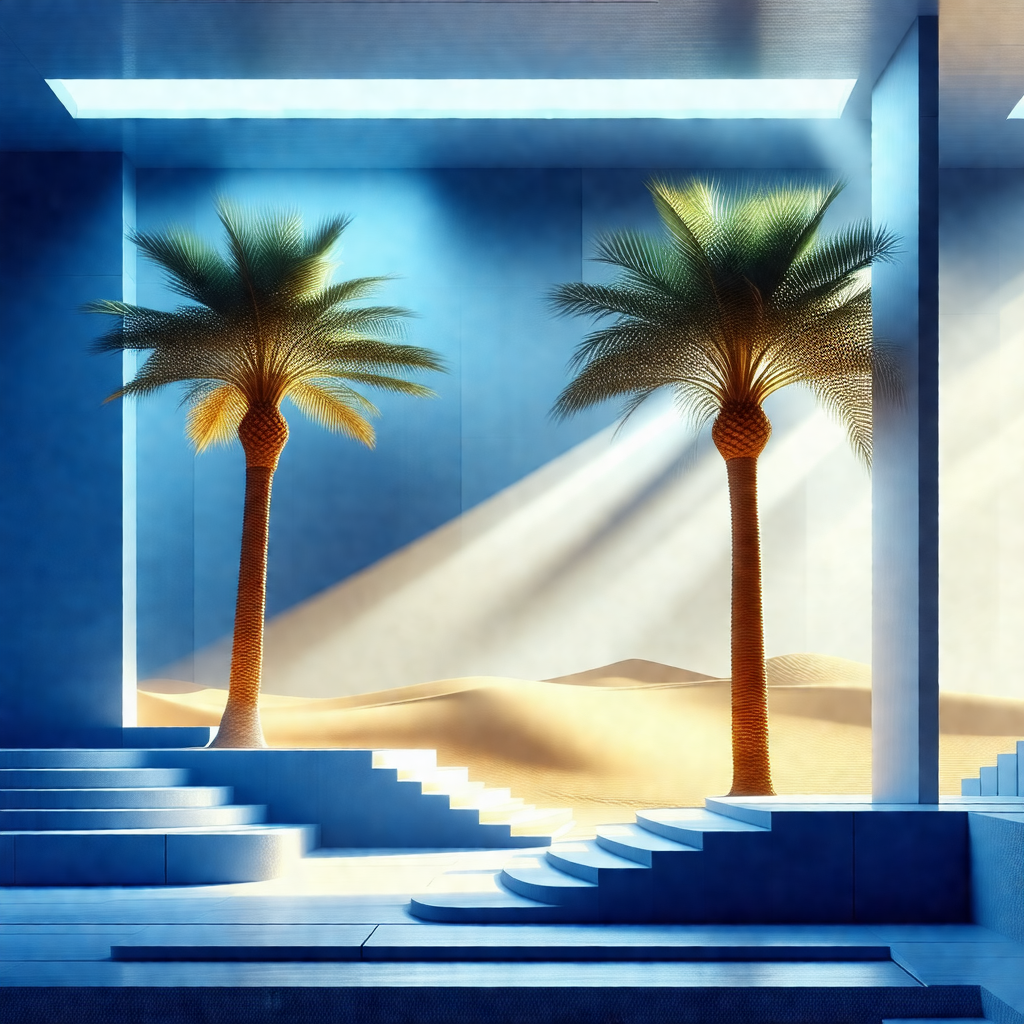 Desert scene with two palm trees standing prominently in ...