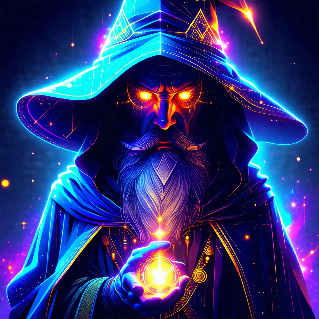 Wizard with a long beard and a blue hat, holding a glowin...