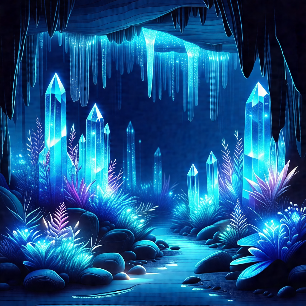 Colorful, computer-generated scene featuring a cave with ...