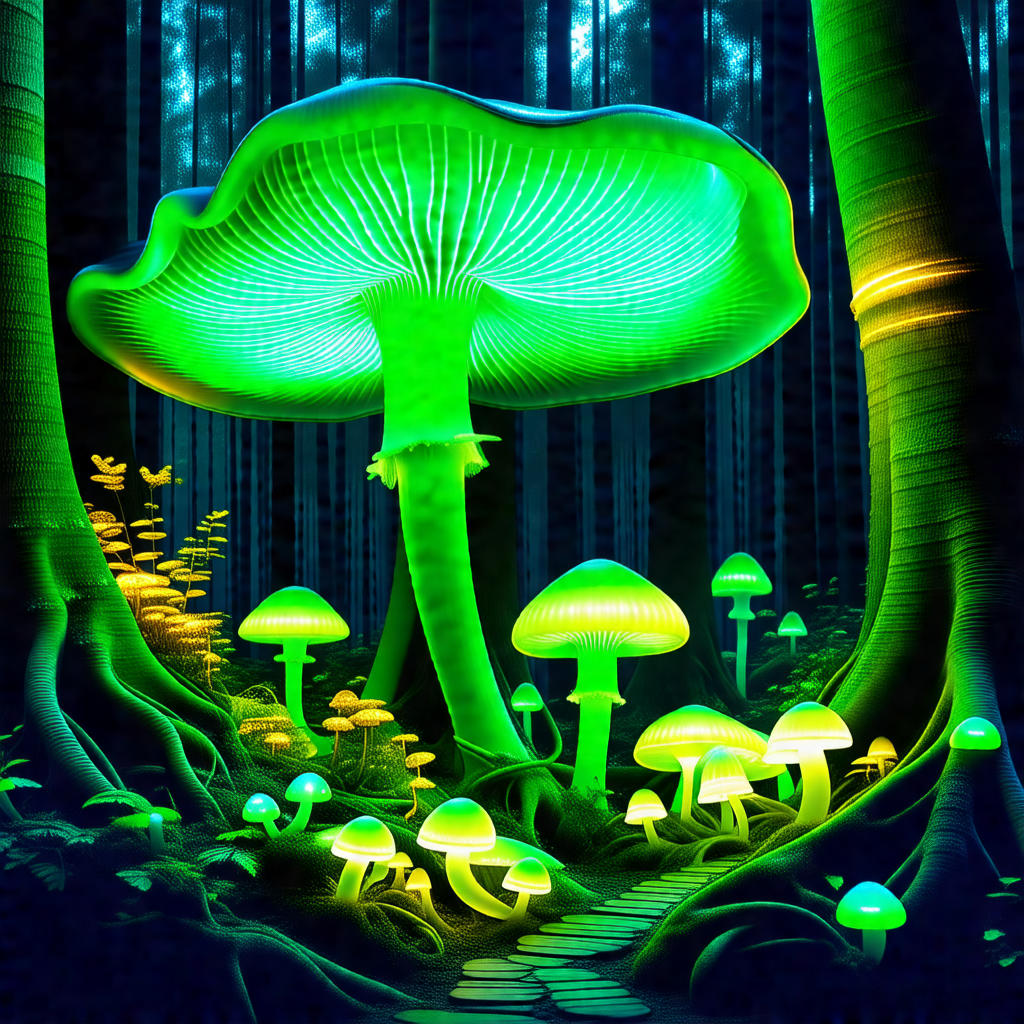Large, glowing mushroom in a forest setting