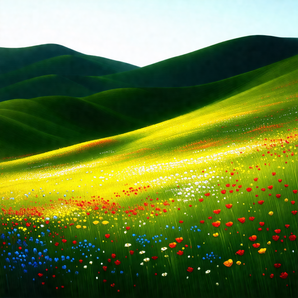 Painting of a beautiful, lush green hillside with a vibra...