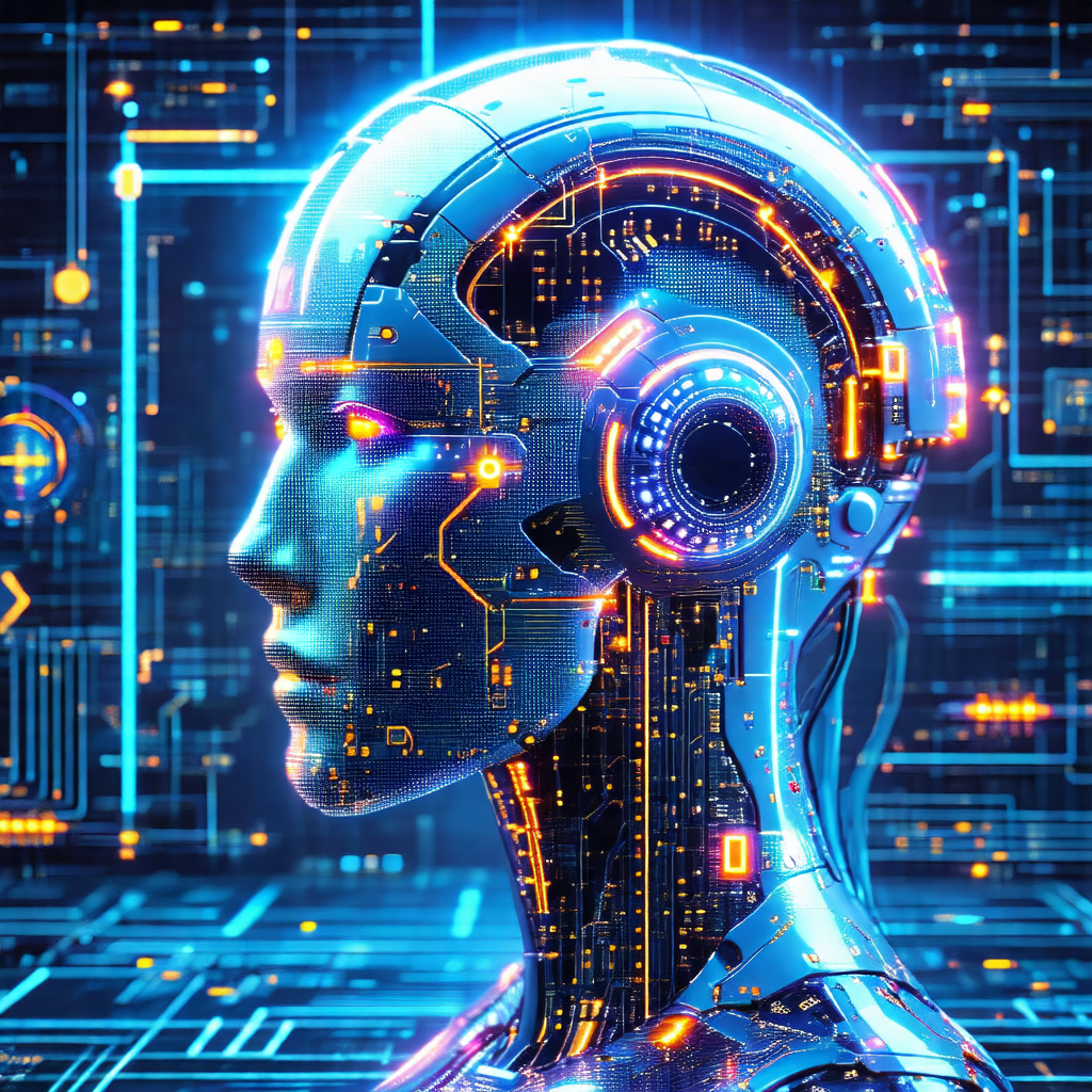 Futuristic robot with a human-like face, complete with a ...