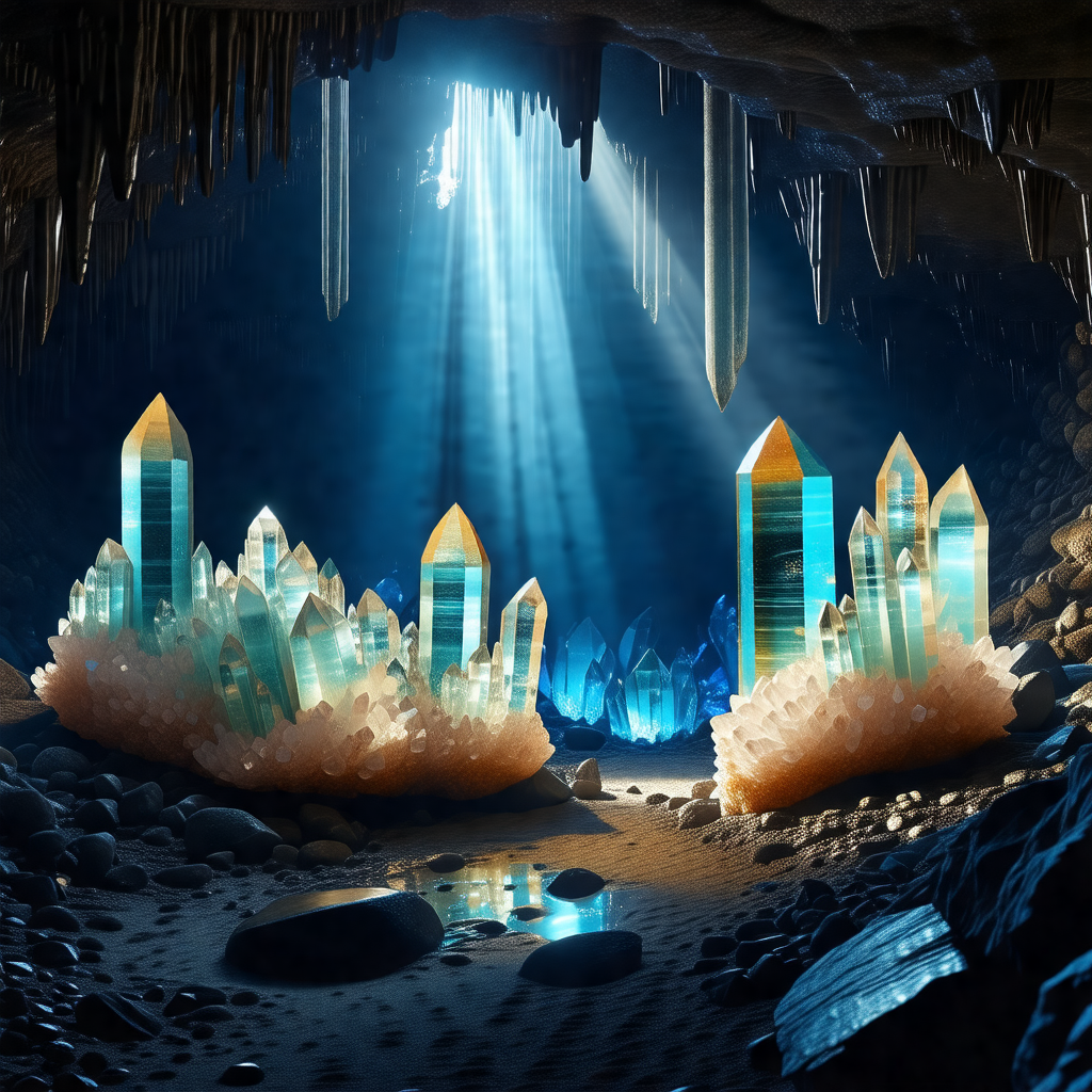 Cave with a blue light illuminating the space