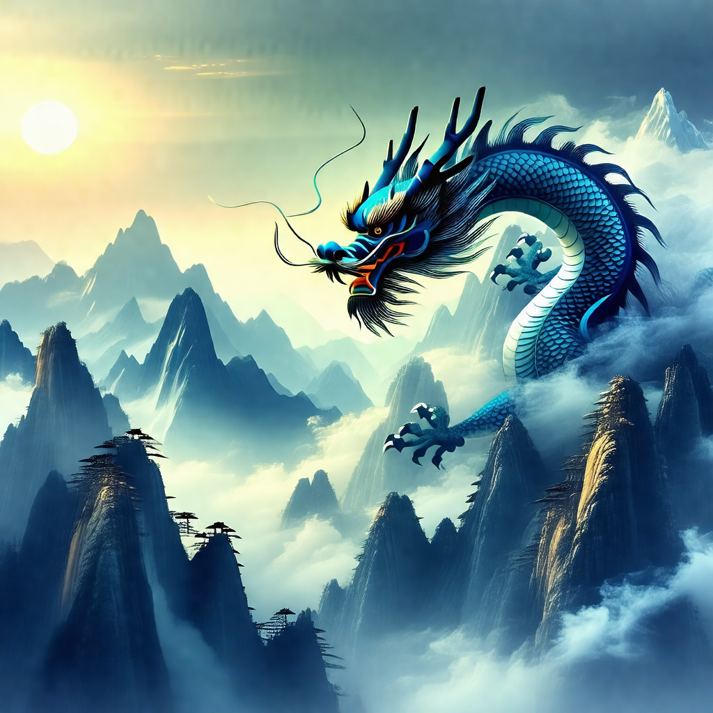 Large, colorful dragon flying through a cloudy sky