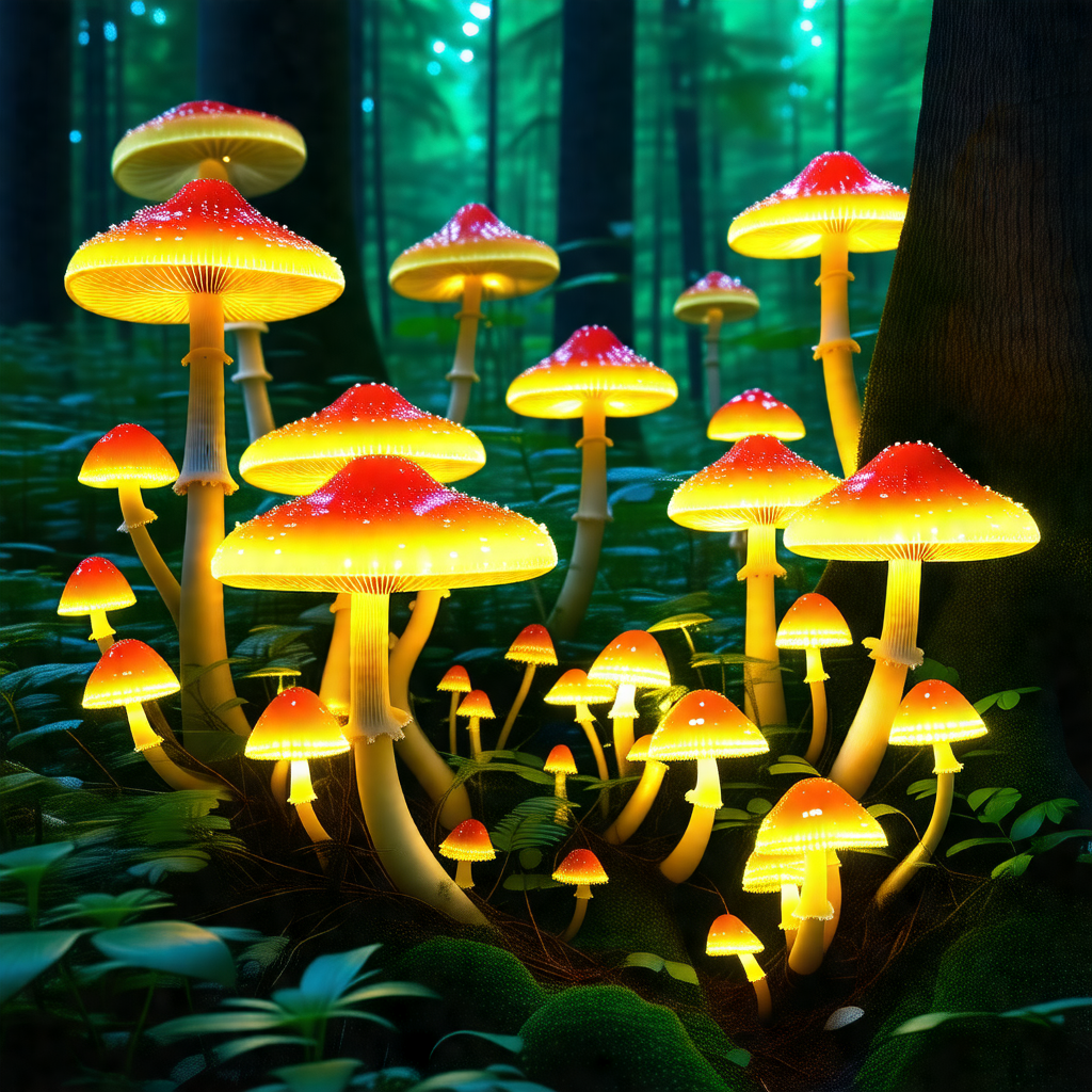 Forest filled with a variety of mushrooms, some of which ...