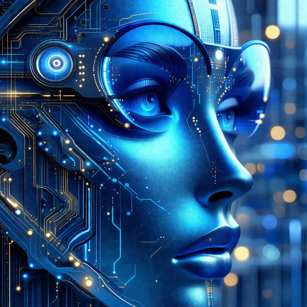 Futuristic robot with a blue face and a pair of blue glasses