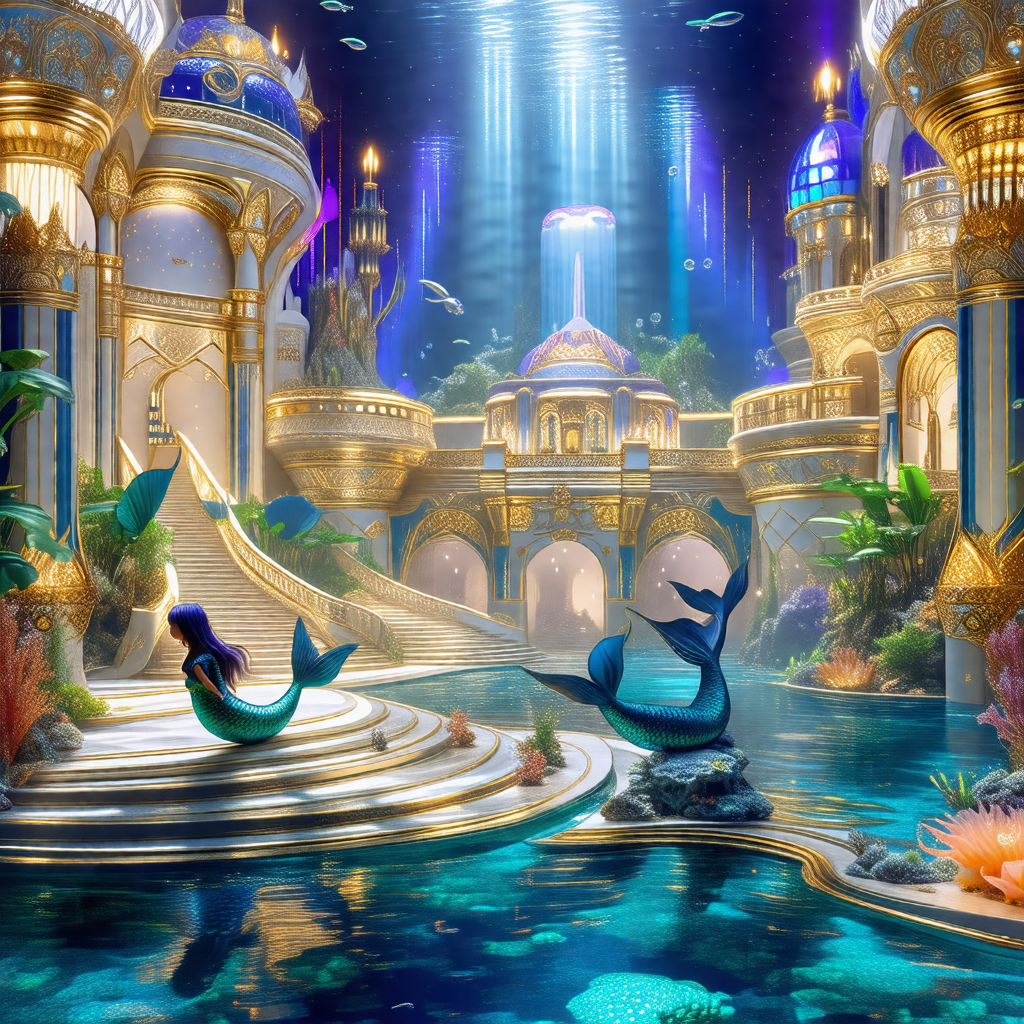 Digital painting of a mermaid underwater, surrounded by a...