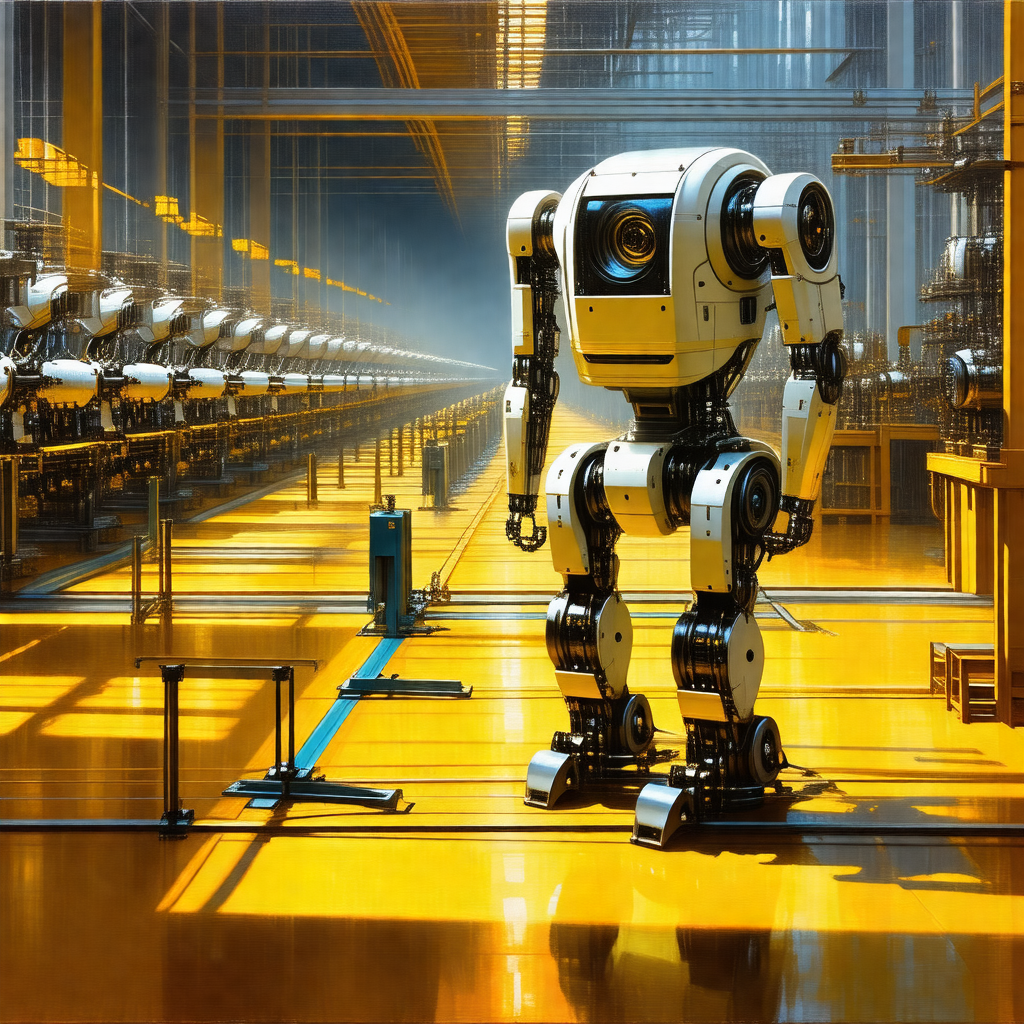Large white robot standing in a factory setting