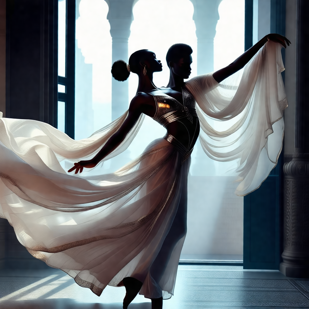 Woman in a white dress, dancing gracefully in a room