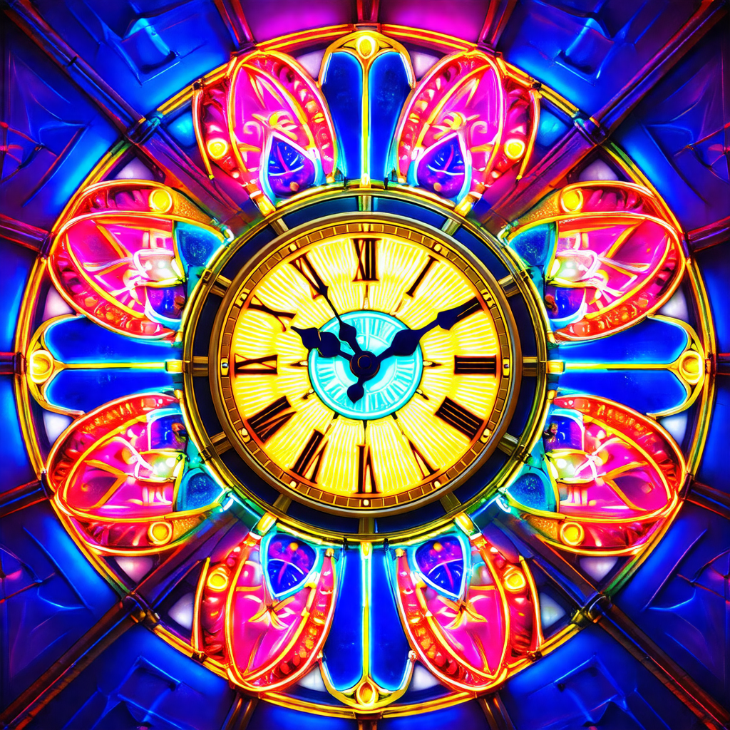 Large, colorful clock with a blue and pink background