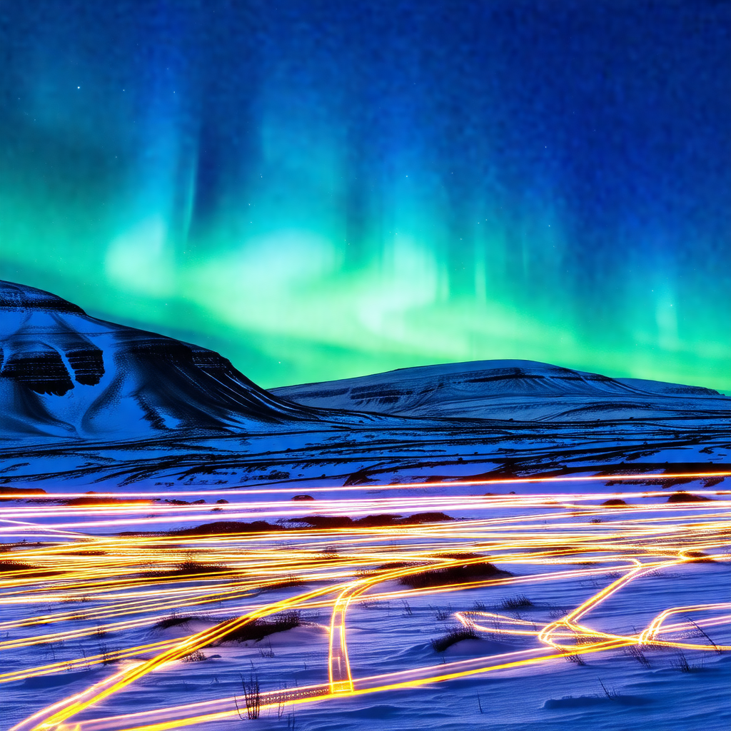 Captures a beautiful night scene with a mountain range in...