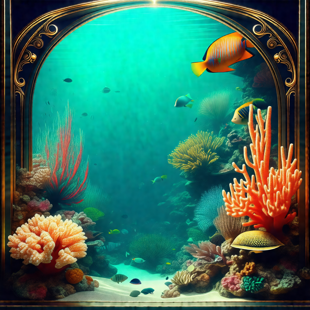 Painting of a vibrant underwater scene, featuring a varie...