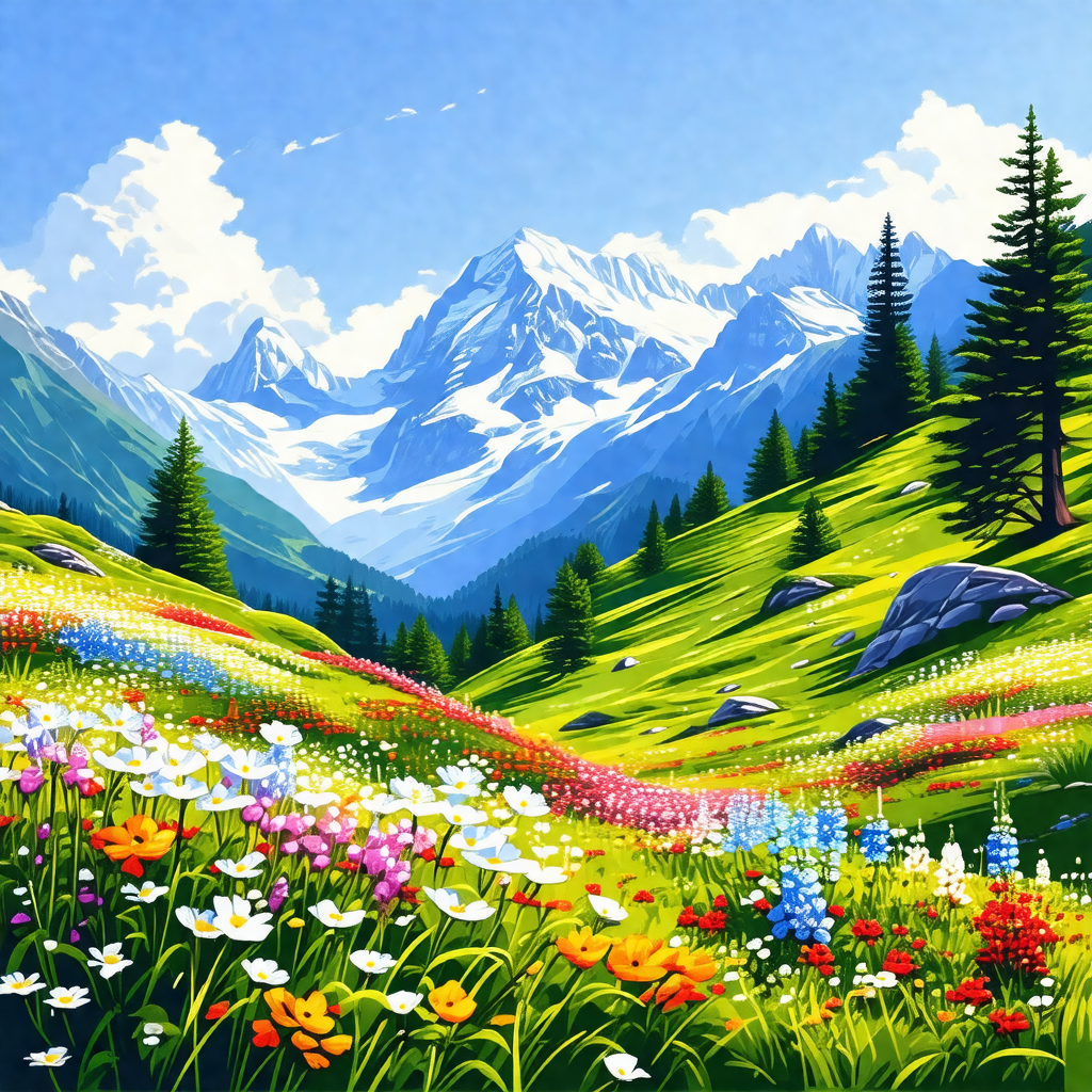 Painting of a beautiful mountain landscape with a lush gr...