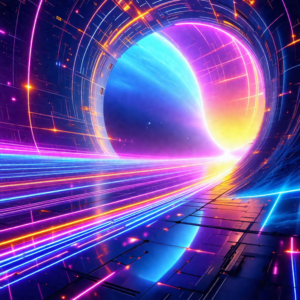 Futuristic scene featuring a tunnel with a brightly color...