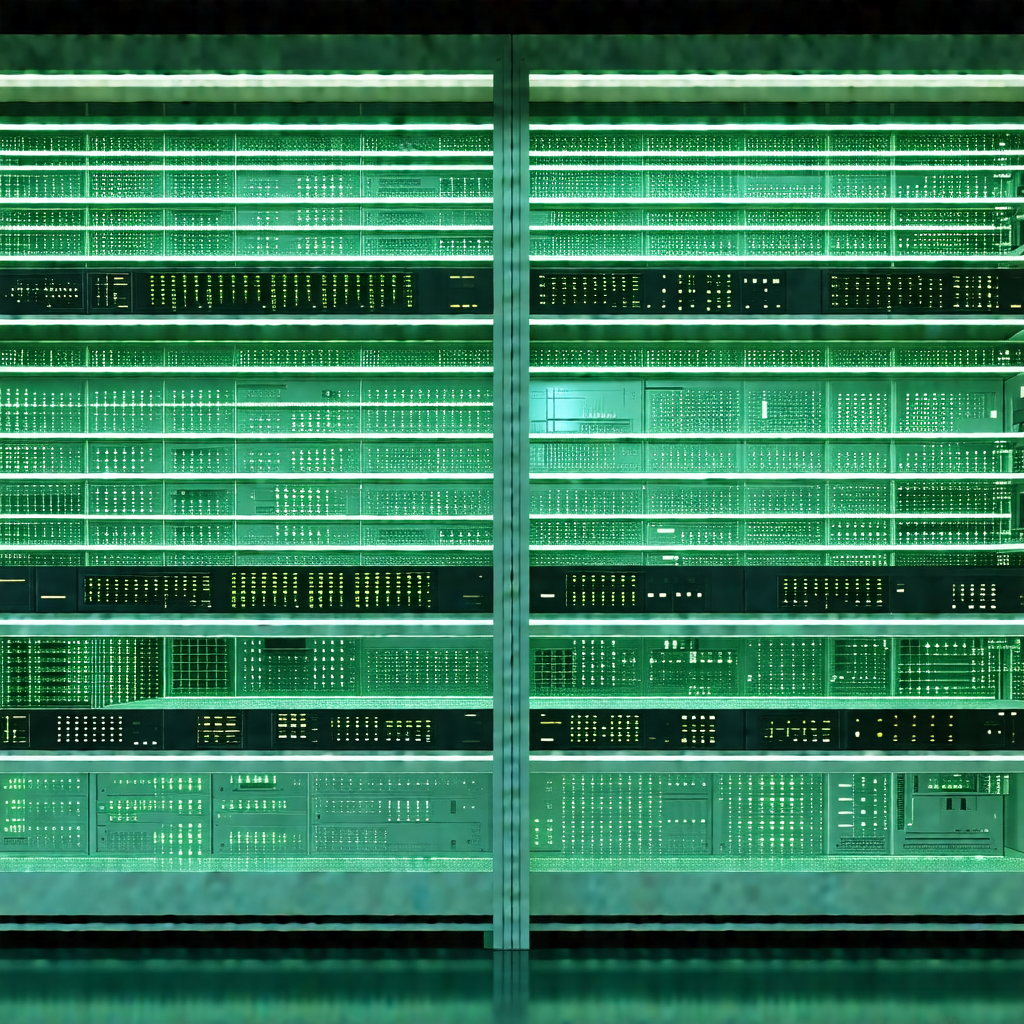 Large, green, glowing computer server with many rows of l...