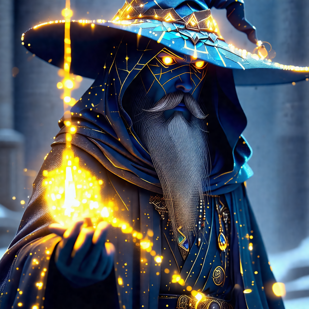 Man dressed in a blue robe, wearing a wizard's hat and a ...