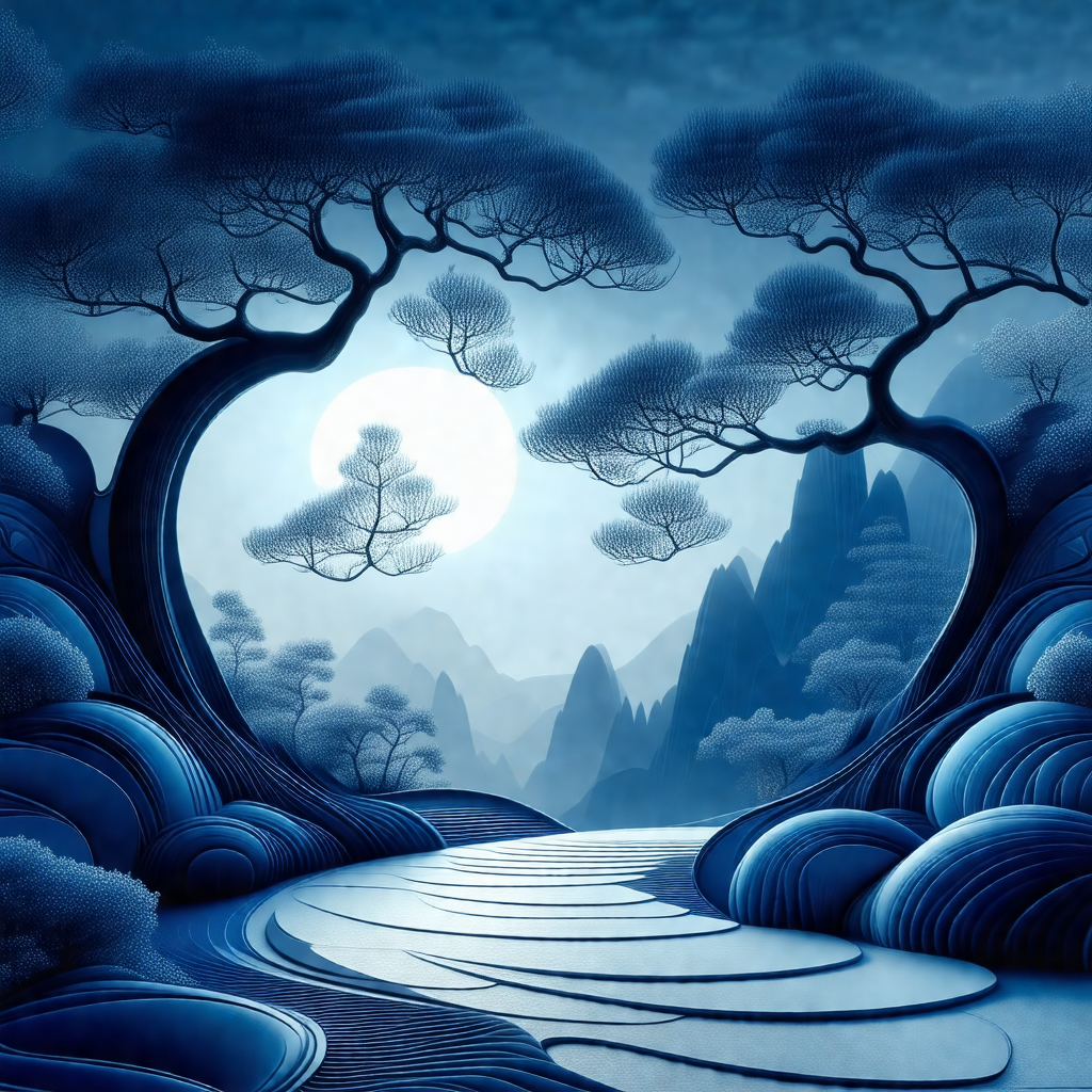 Painting of a forest at night, with a moon shining bright...