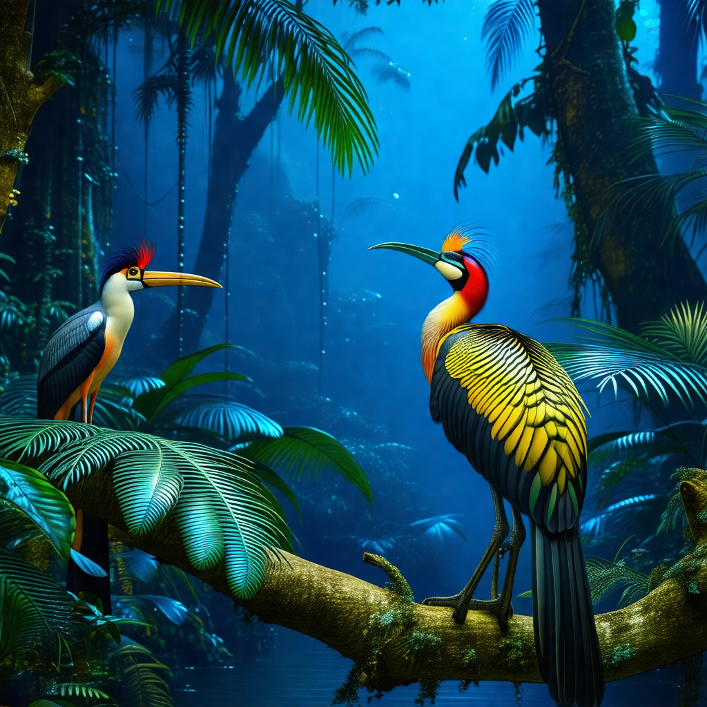Two colorful birds perched on a tree branch in a lush, tr...
