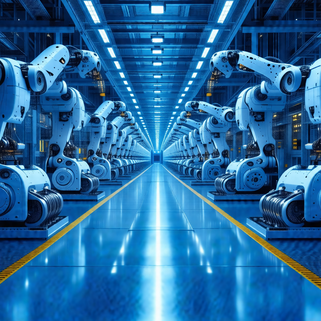Factory with a long row of robots lined up on a blue floor