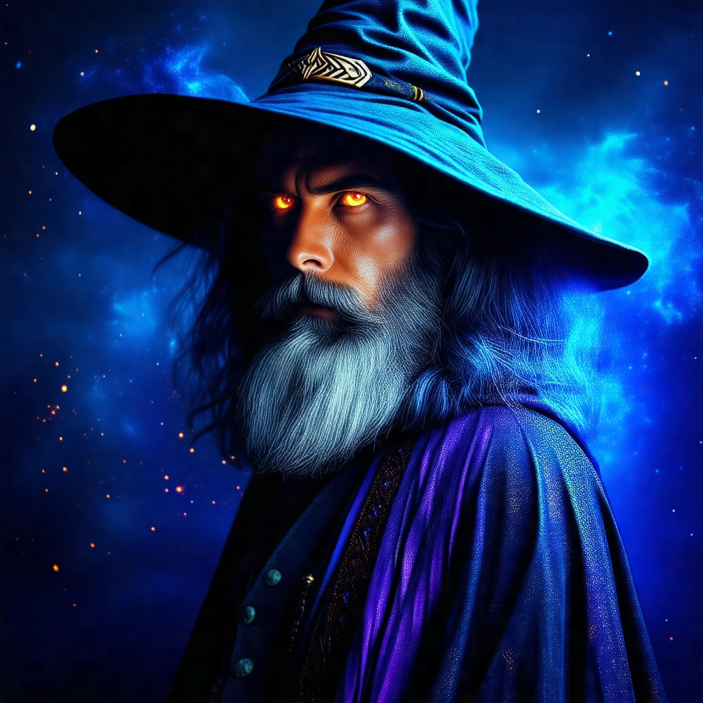 Man with a long beard and a blue wizard's hat, standing i...