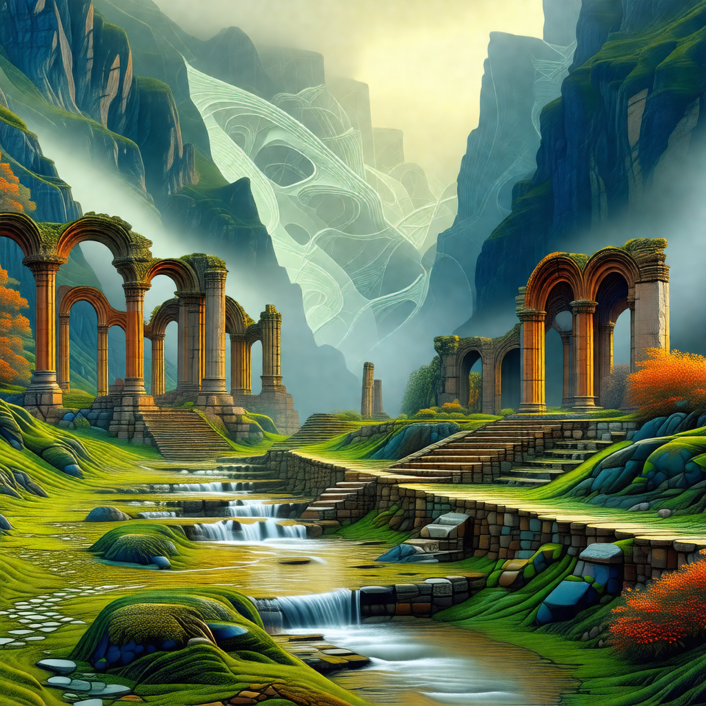 Painting of a beautiful landscape featuring a waterfall a...