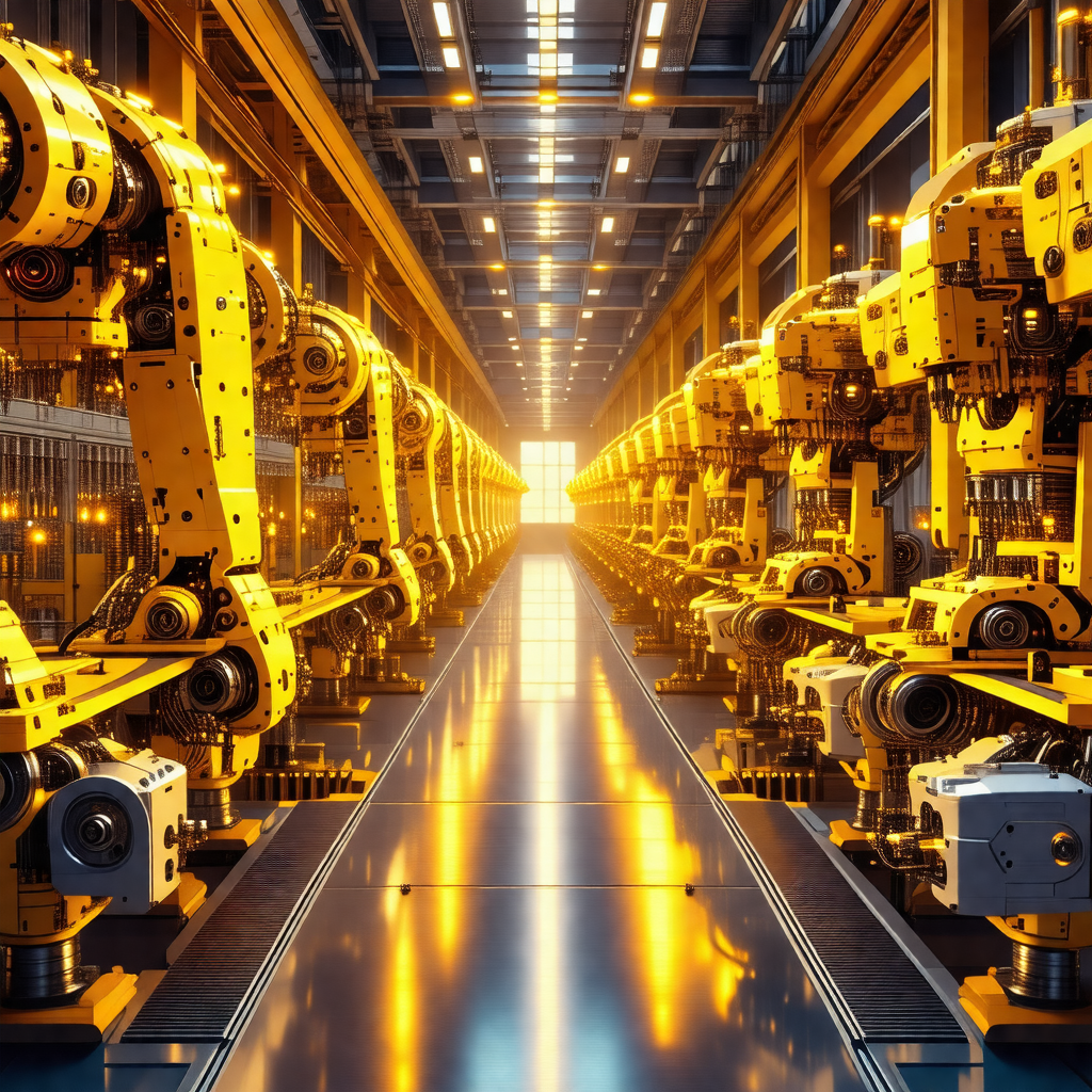 Factory with a long row of yellow robots lined up on a co...