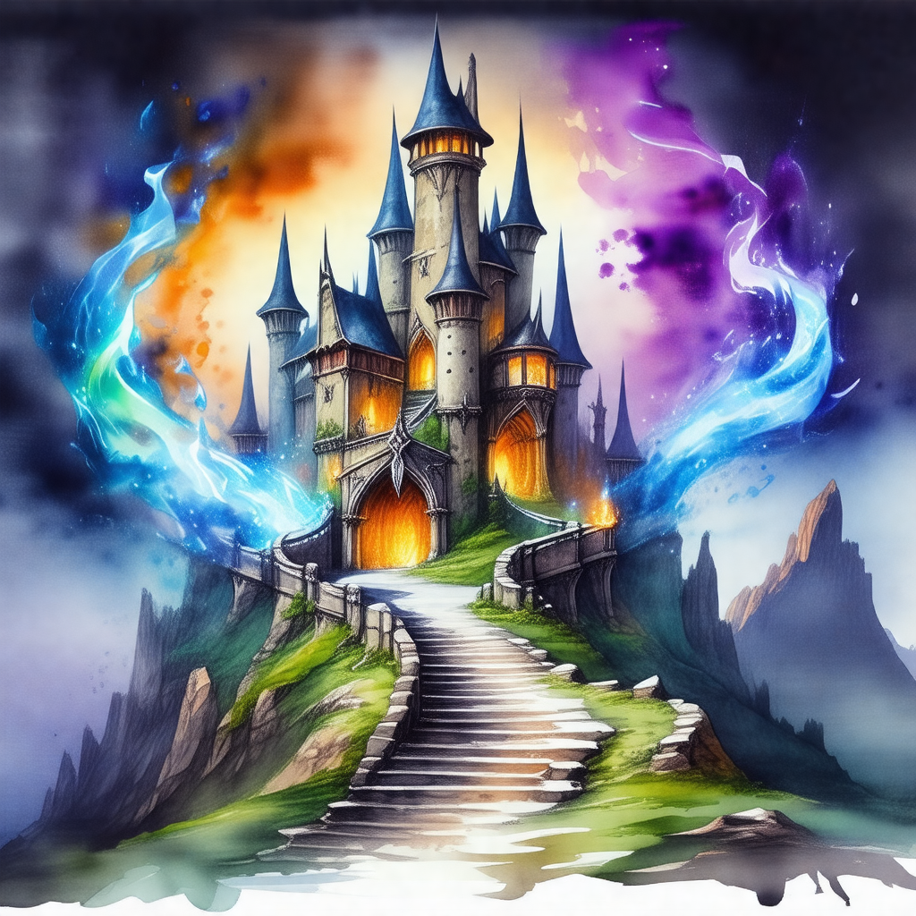 Colorful and detailed drawing of a castle, featuring a la...