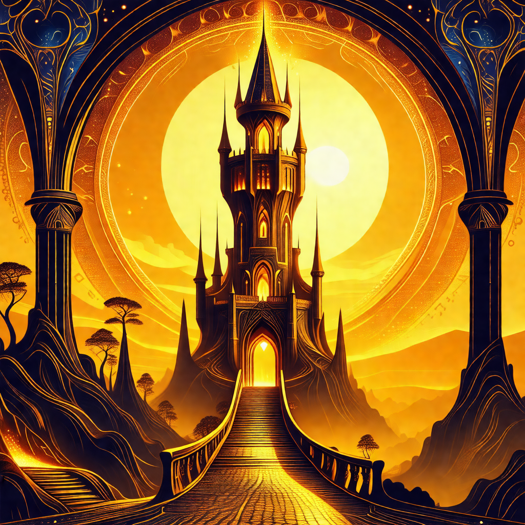 Beautifully drawn castle with a golden glow, situated on ...