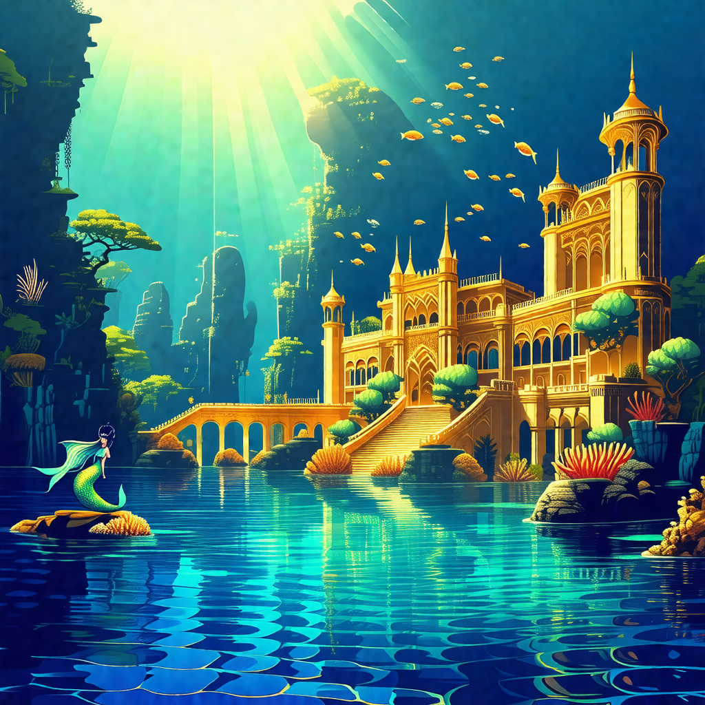 Colorful, animated cartoon of a mermaid swimming in a lar...