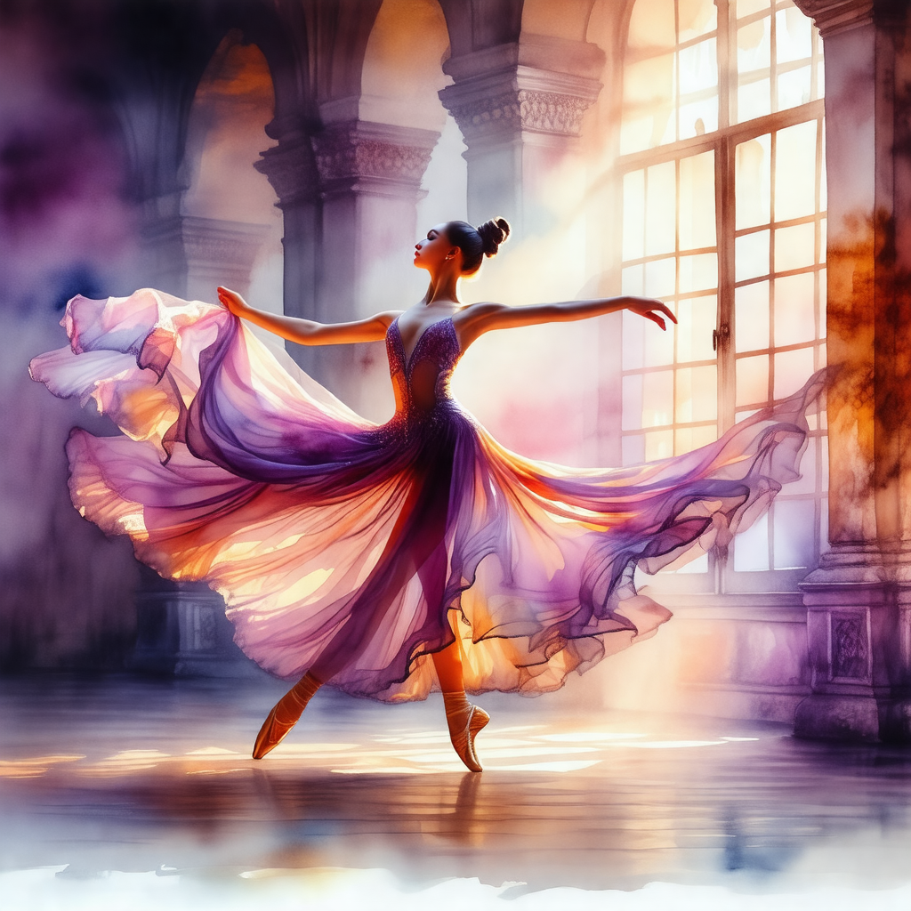 Beautiful woman in a purple dress, gracefully dancing in ...