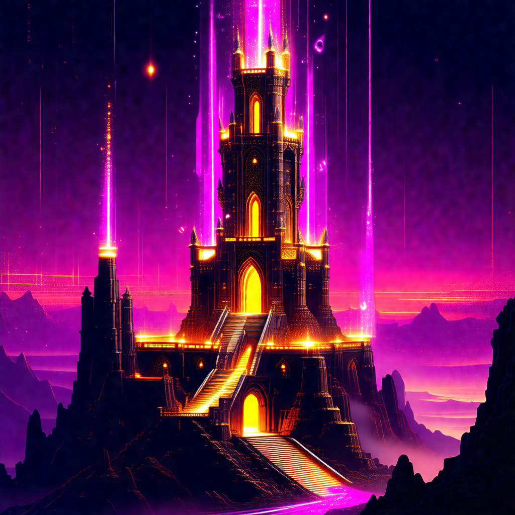 Large, purple castle with a tall tower