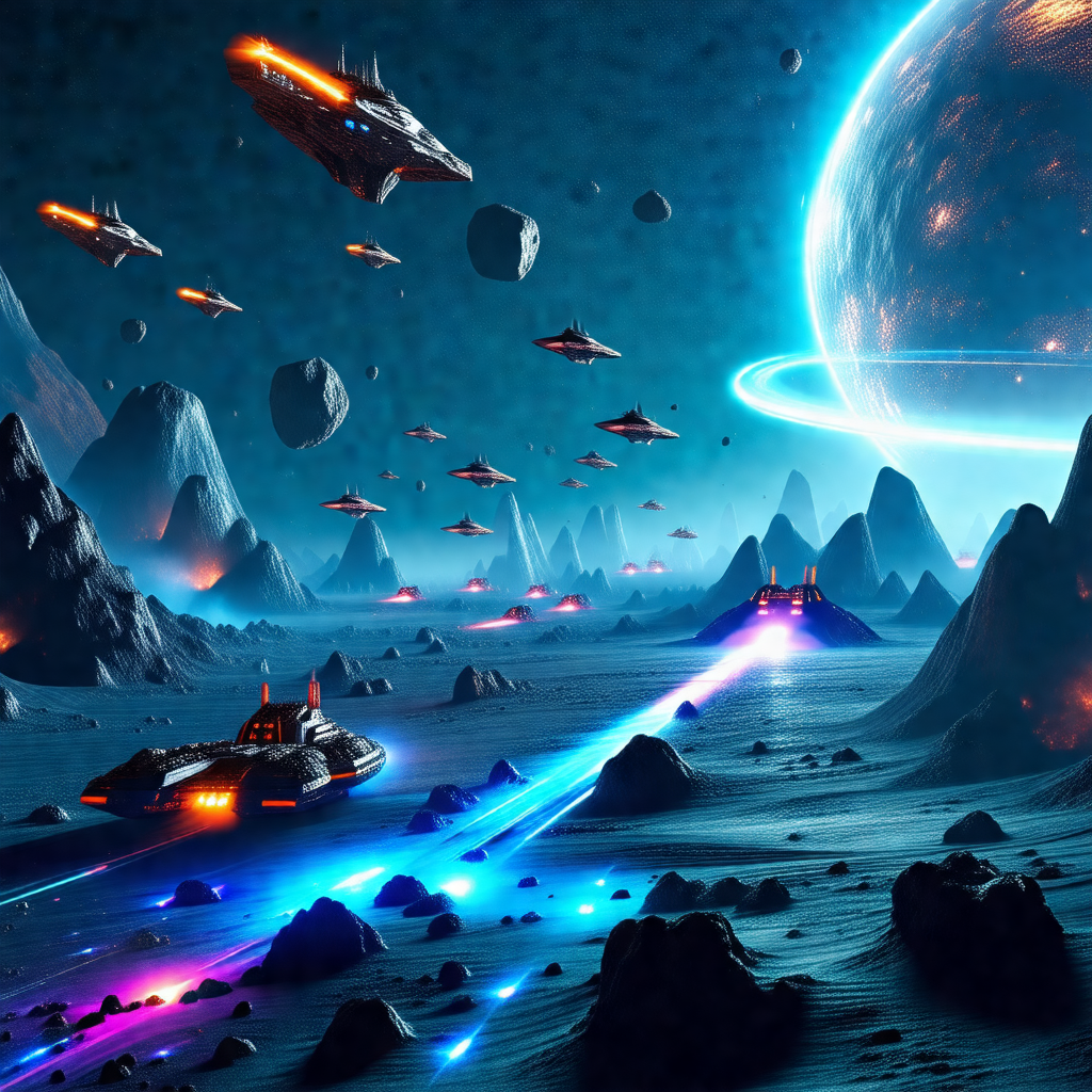 Futuristic scene with a group of spaceships flying throug...