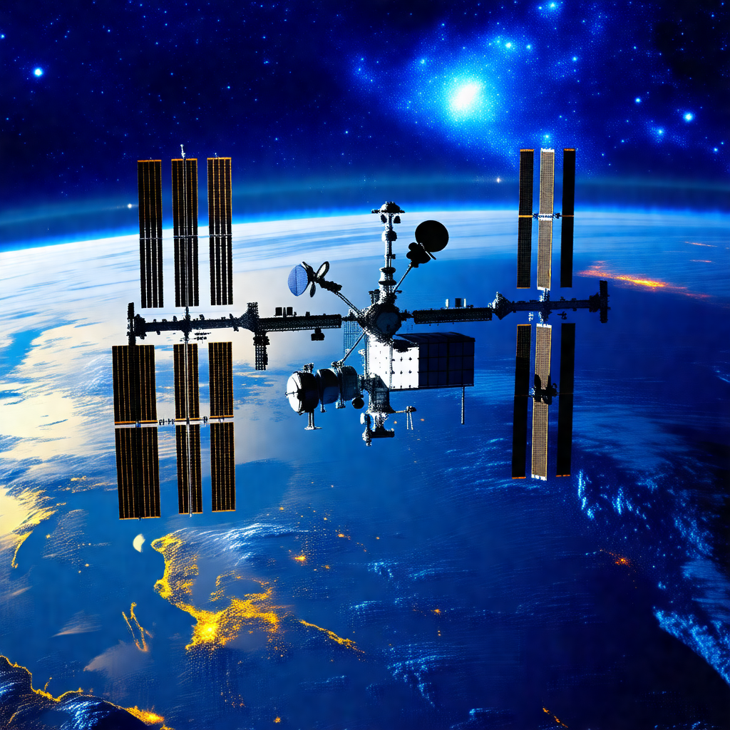 Space shuttle with a large satellite on top of it, flying...
