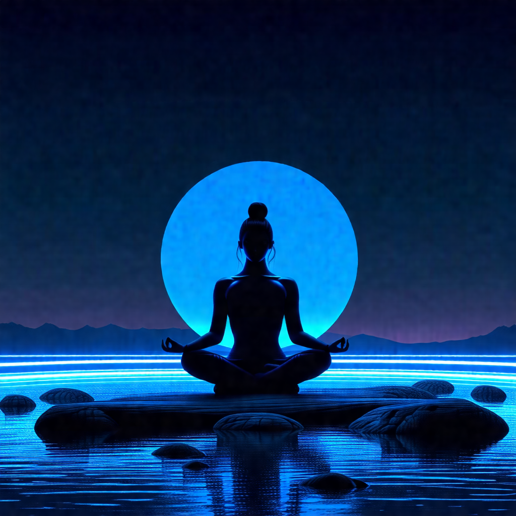 Woman sitting in a lotus position on a rock in a body of ...