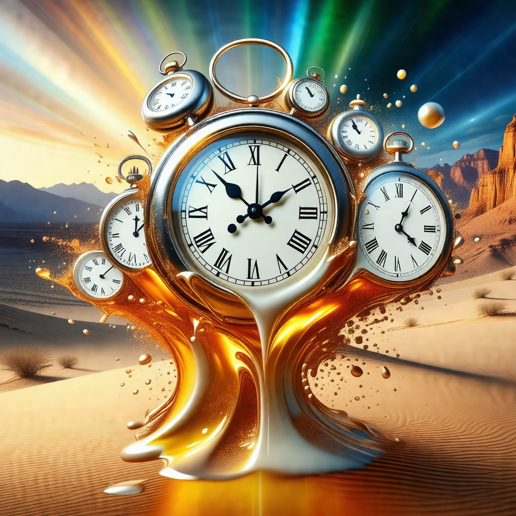 Clock with a unique design, surrounded by a flowing liqui...