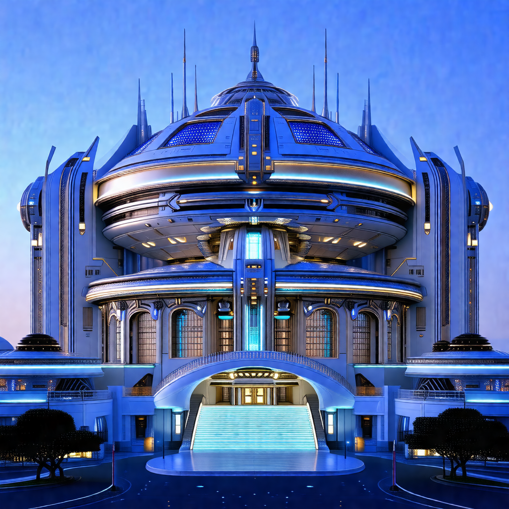 Large, modern building with a blue and white color scheme