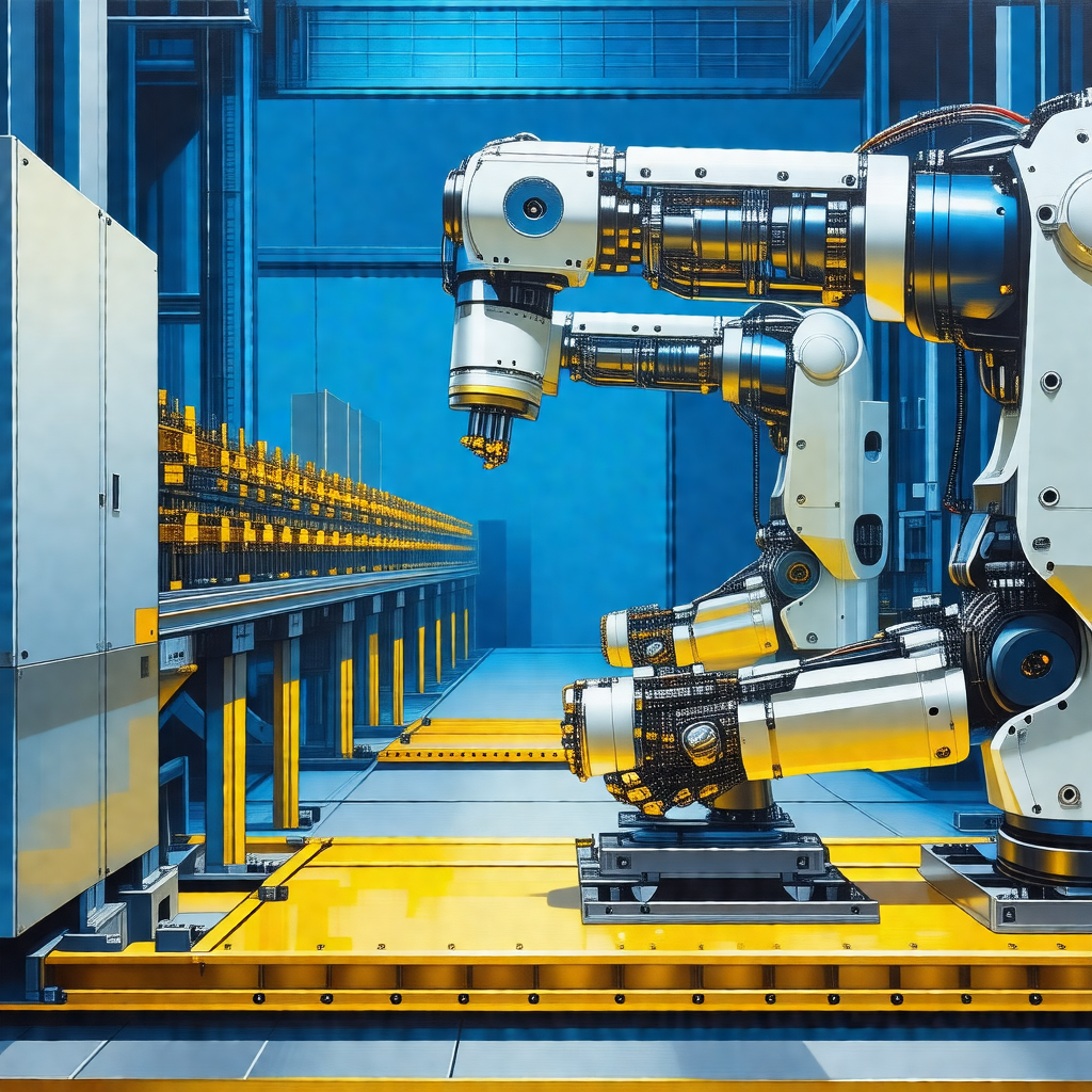 Large white robot standing in a factory setting