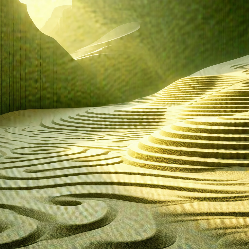 Sandy beach with a large, curved sand sculpture in the fo...