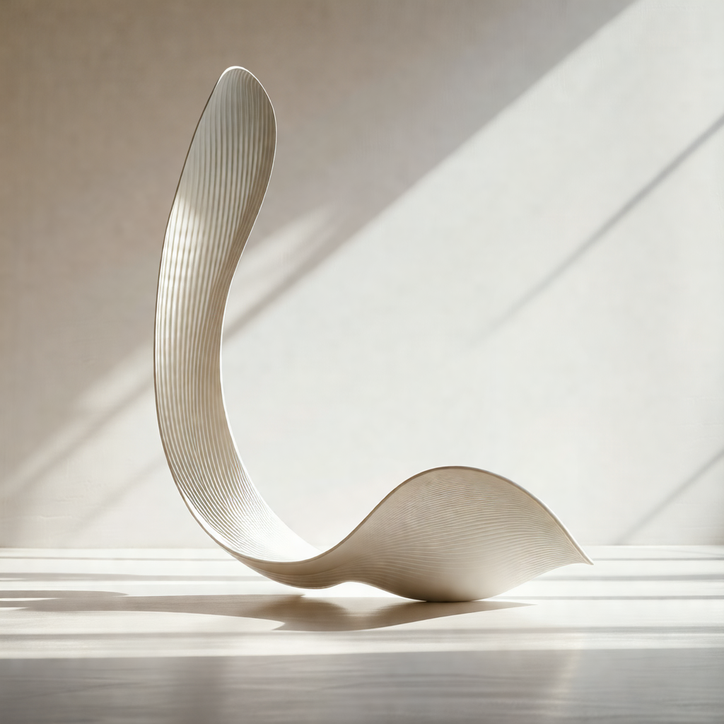 White, curved, and sculpted chair placed on a wooden table