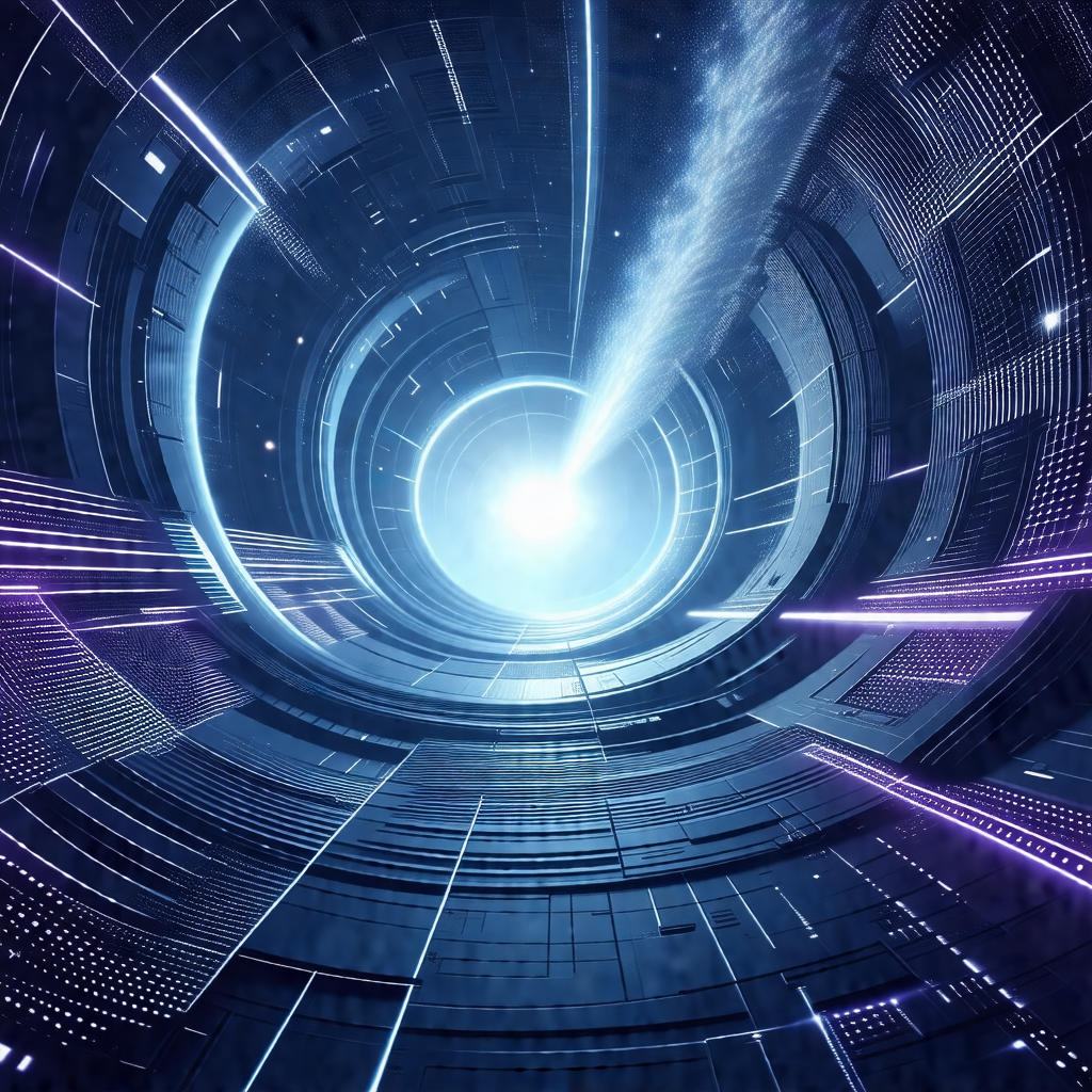 Futuristic scene with a large, circular, blue structure i...