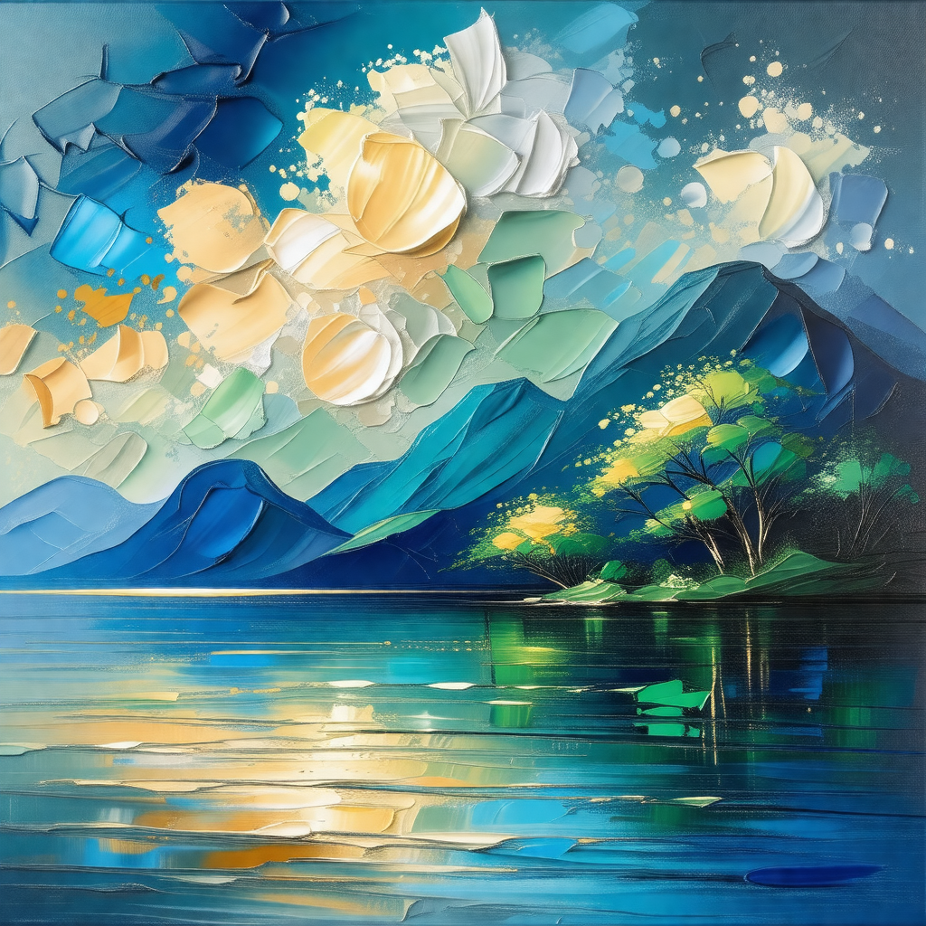 Painting of a mountainous landscape with a body of water,...