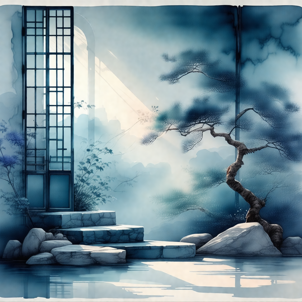Beautifully drawn scene of a tree with a rock in front of it