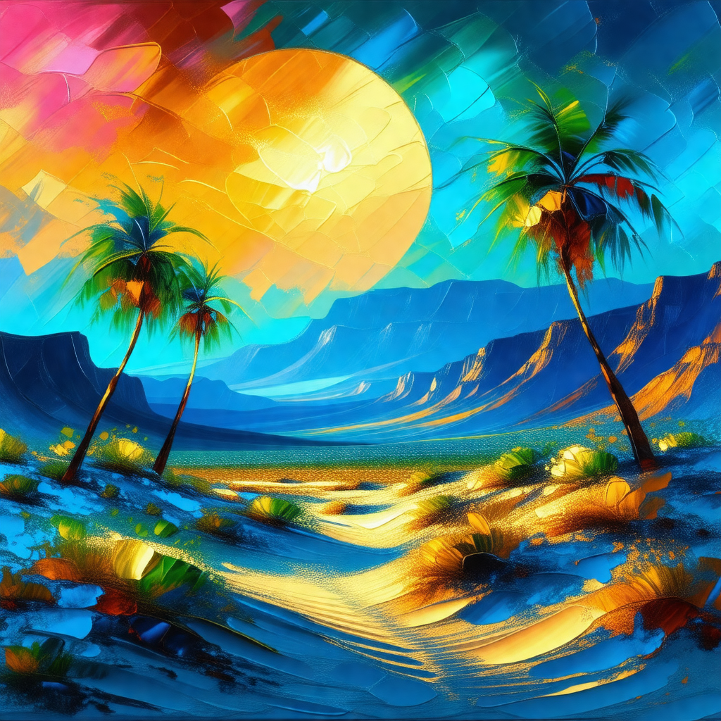 Painting of a desert landscape with a sunset in the backg...
